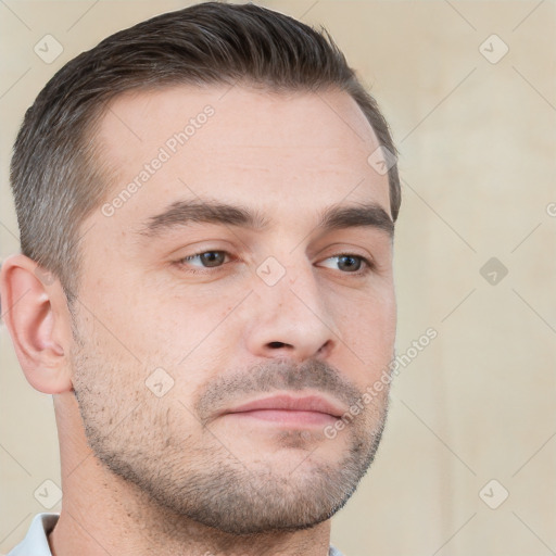 Neutral white young-adult male with short  brown hair and brown eyes