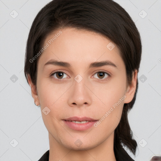 Neutral white young-adult female with medium  brown hair and brown eyes