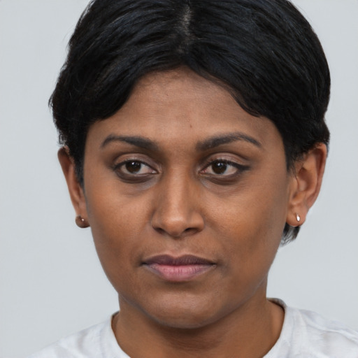 Joyful asian adult female with short  black hair and brown eyes