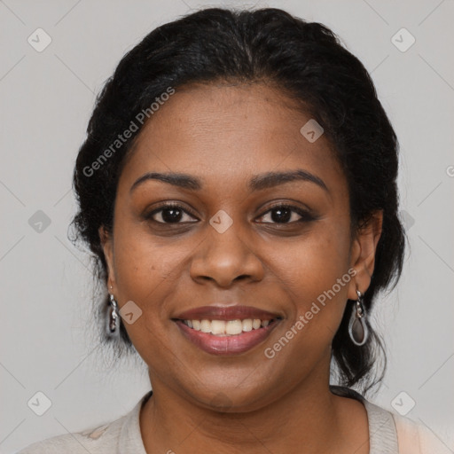 Joyful black young-adult female with medium  black hair and brown eyes