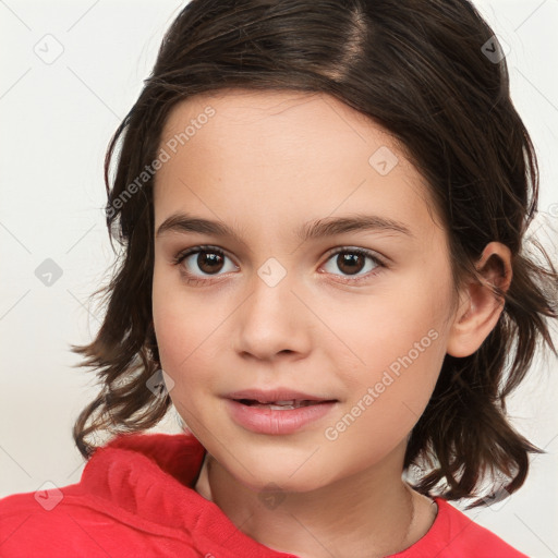 Joyful white child female with medium  brown hair and brown eyes