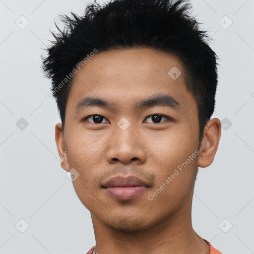 Neutral asian young-adult male with short  black hair and brown eyes