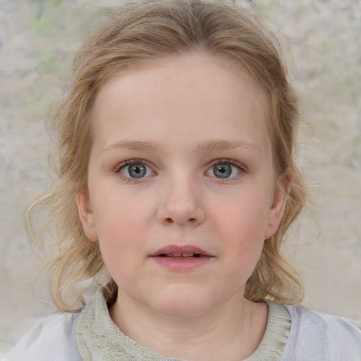 Neutral white child female with medium  blond hair and blue eyes