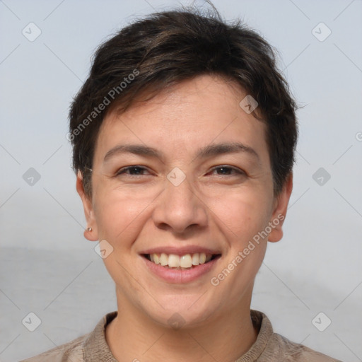 Joyful white young-adult female with short  brown hair and brown eyes