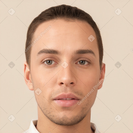 Neutral white young-adult male with short  brown hair and brown eyes