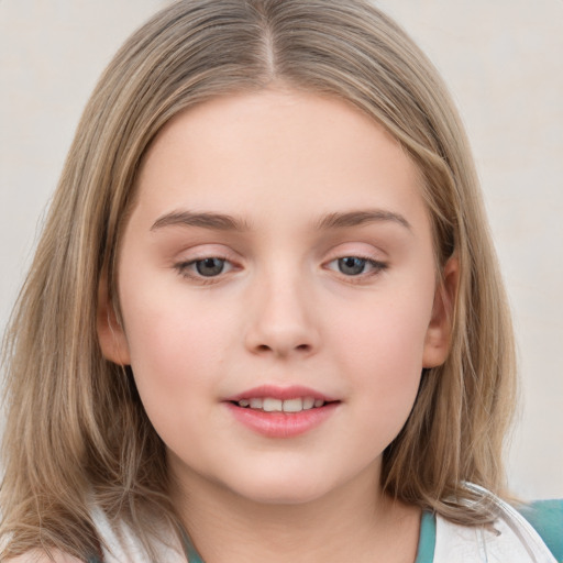 Neutral white child female with medium  brown hair and grey eyes