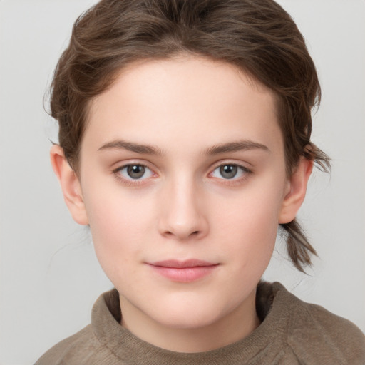 Neutral white young-adult female with short  brown hair and grey eyes