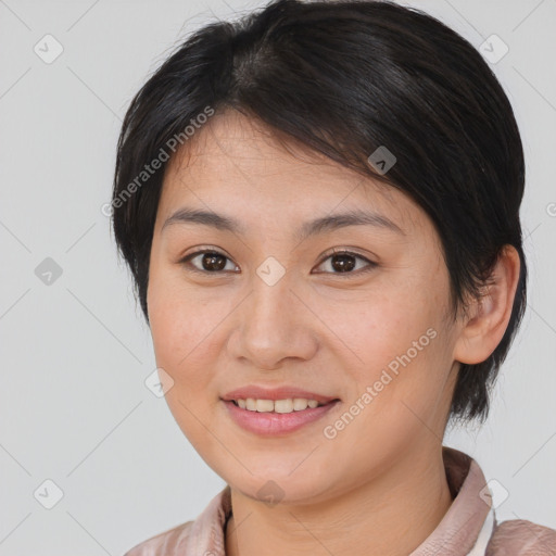 Joyful white young-adult female with medium  brown hair and brown eyes