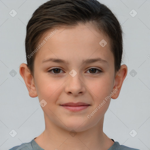 Joyful white child female with short  brown hair and brown eyes