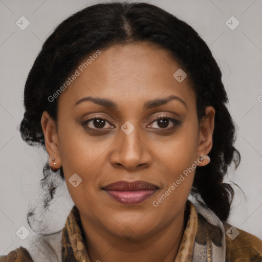 Joyful black young-adult female with medium  brown hair and brown eyes