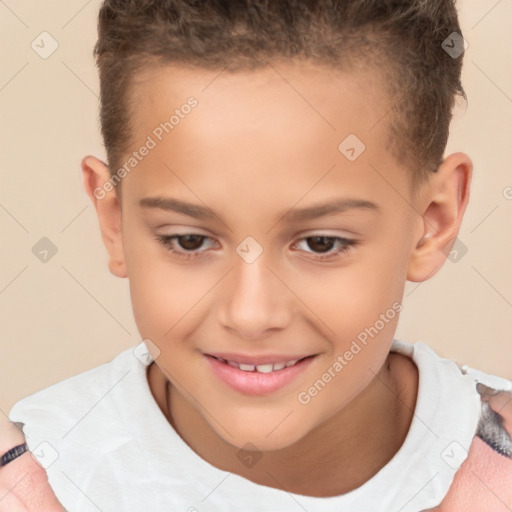 Joyful white child female with short  brown hair and brown eyes