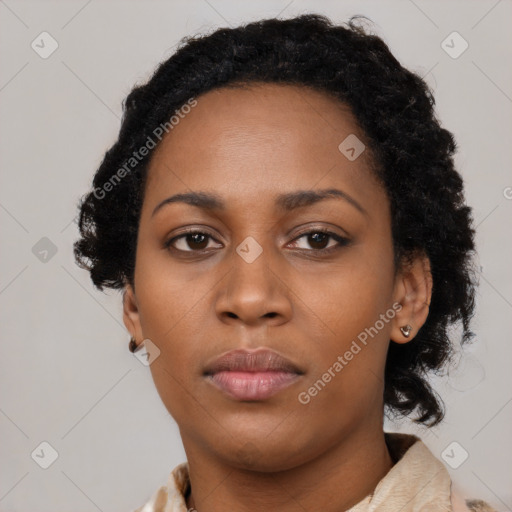 Neutral black young-adult female with short  black hair and brown eyes