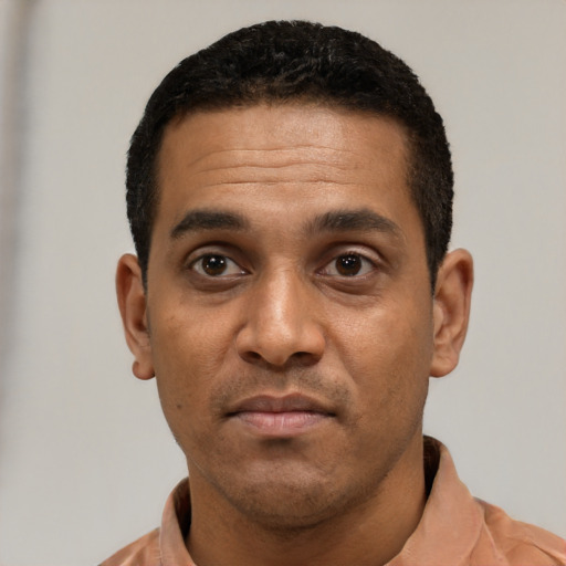 Neutral black young-adult male with short  black hair and brown eyes