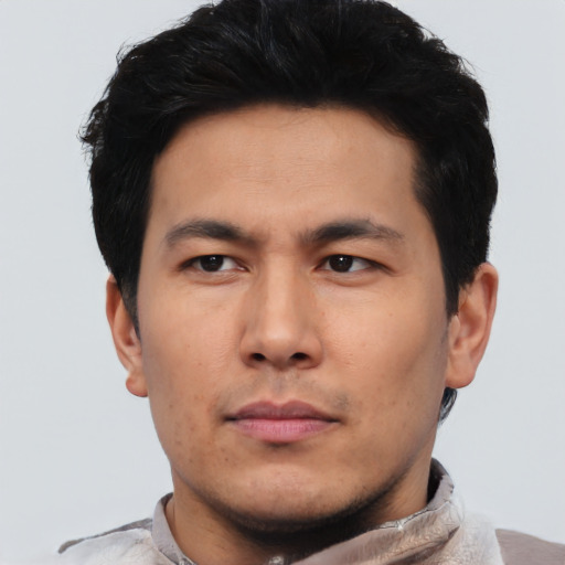 Neutral asian young-adult male with short  black hair and brown eyes