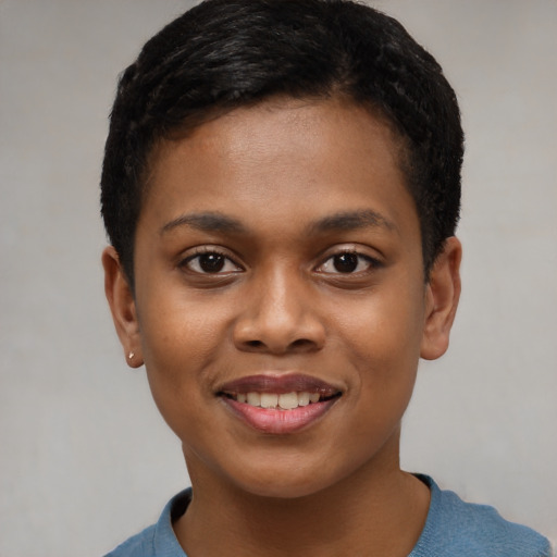 Joyful black young-adult female with short  black hair and brown eyes