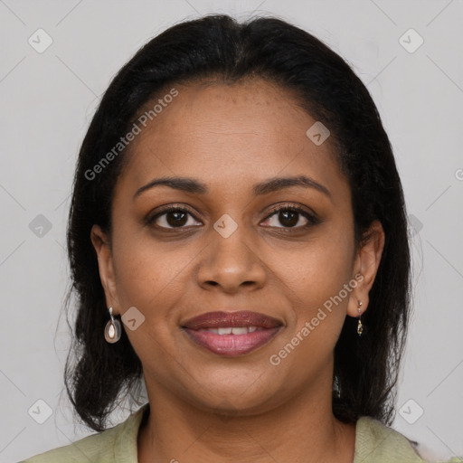 Joyful black young-adult female with medium  brown hair and brown eyes