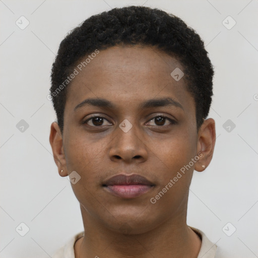 Neutral black young-adult male with short  black hair and brown eyes