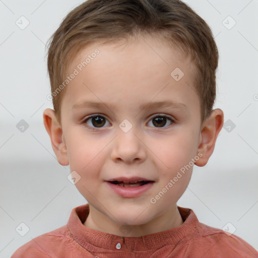 Joyful white child male with short  brown hair and brown eyes