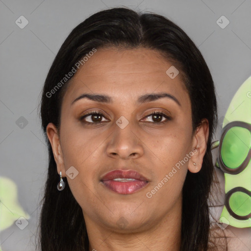 Joyful latino young-adult female with long  brown hair and brown eyes