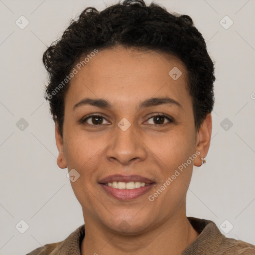 Joyful latino young-adult female with short  brown hair and brown eyes