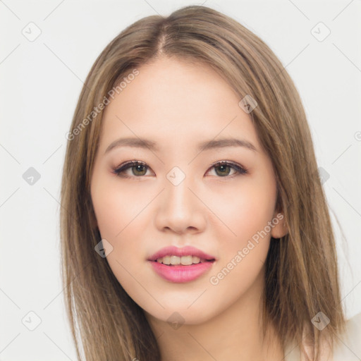 Joyful asian young-adult female with long  brown hair and brown eyes