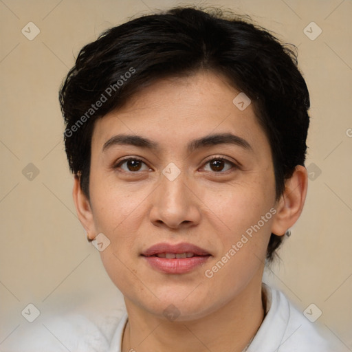 Joyful white young-adult female with short  brown hair and brown eyes