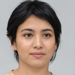 Neutral asian young-adult female with medium  brown hair and brown eyes