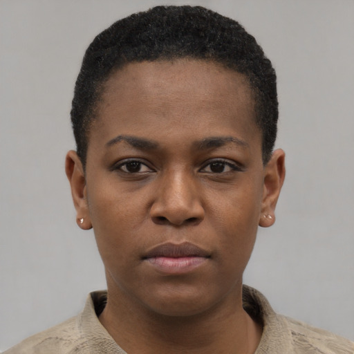 Neutral black young-adult female with short  brown hair and brown eyes