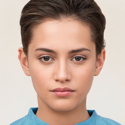 Neutral white young-adult female with short  brown hair and brown eyes