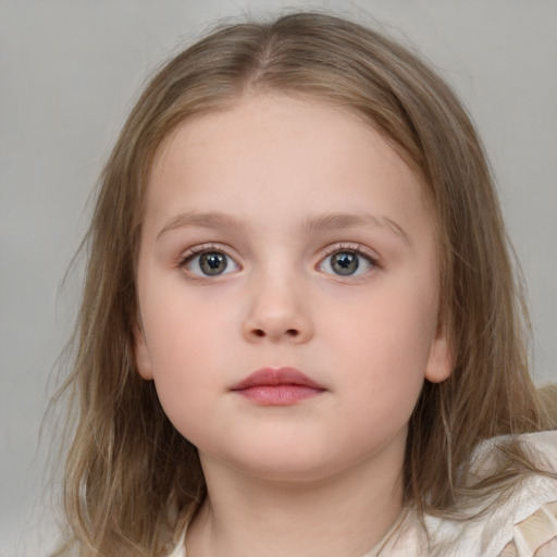 Neutral white child female with medium  brown hair and blue eyes