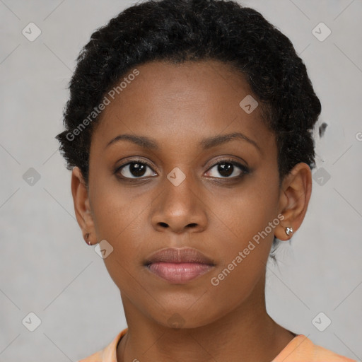 Neutral black young-adult female with short  brown hair and brown eyes