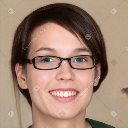 Joyful white young-adult female with medium  brown hair and green eyes