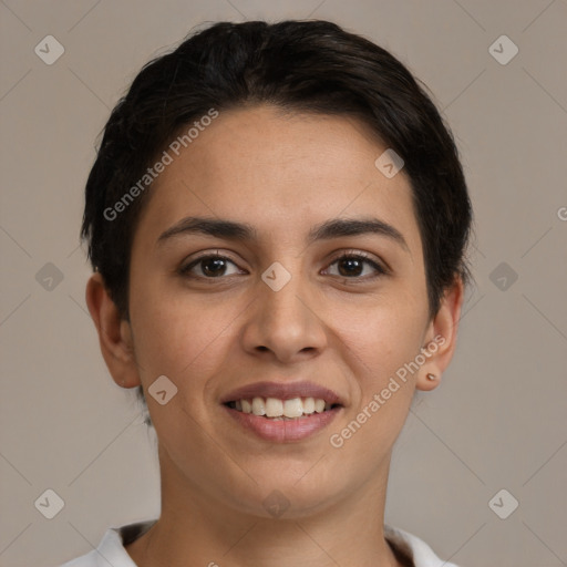 Joyful white young-adult female with short  brown hair and brown eyes