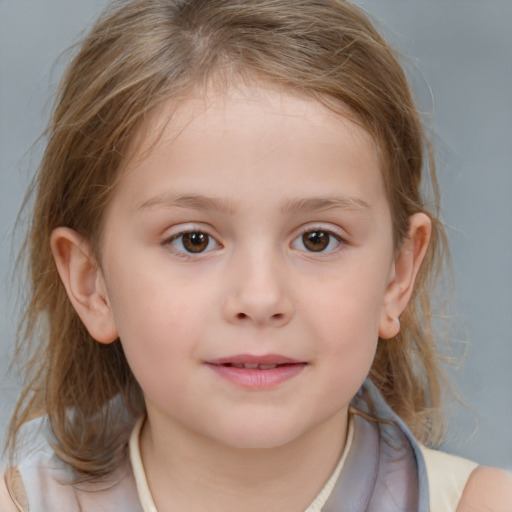 Neutral white child female with medium  brown hair and blue eyes