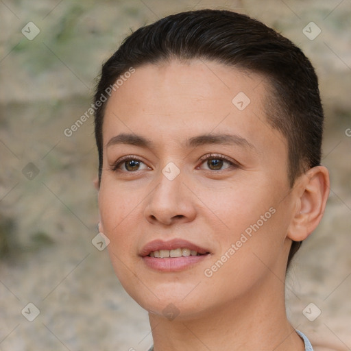 Joyful white young-adult female with short  brown hair and brown eyes