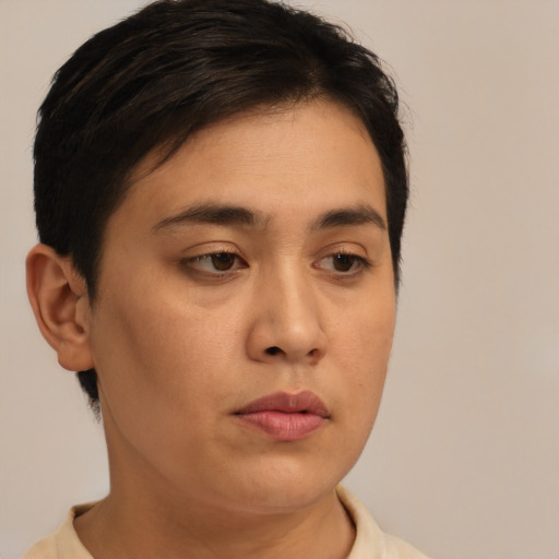 Neutral asian young-adult female with short  brown hair and brown eyes