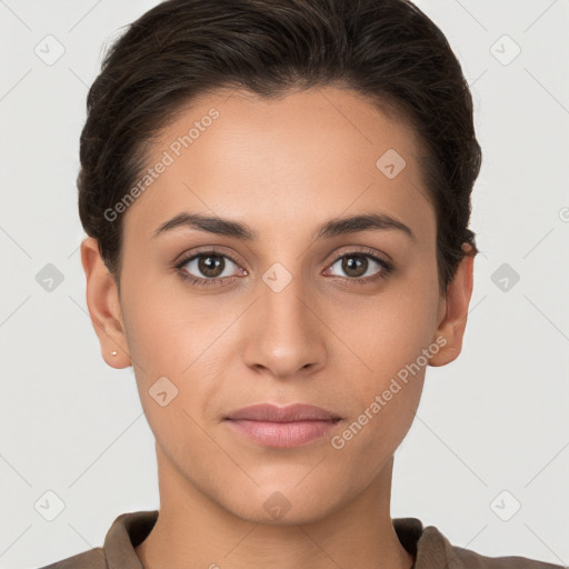 Joyful white young-adult female with short  brown hair and brown eyes