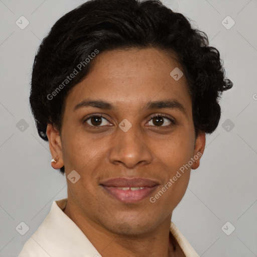 Joyful latino young-adult female with short  brown hair and brown eyes