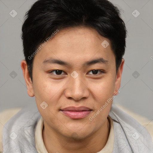 Joyful asian young-adult male with short  brown hair and brown eyes