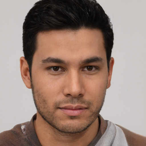 Neutral asian young-adult male with short  black hair and brown eyes
