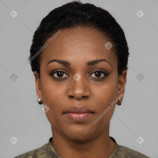 Neutral black young-adult female with short  black hair and brown eyes