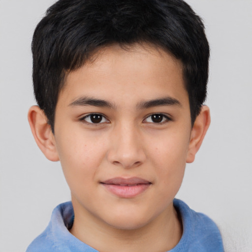 Joyful asian child male with short  brown hair and brown eyes