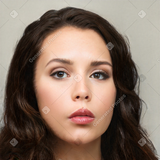 Neutral white young-adult female with long  brown hair and brown eyes