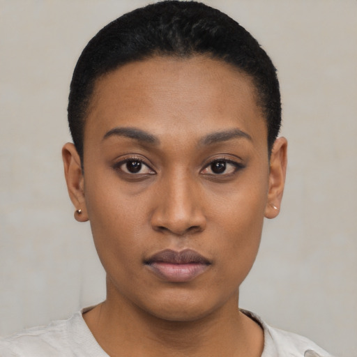 Neutral latino young-adult female with short  black hair and brown eyes