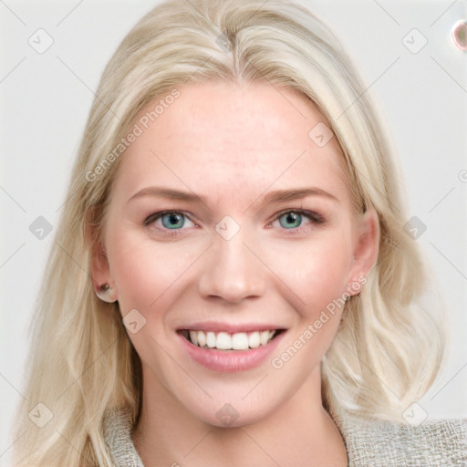 Joyful white young-adult female with medium  brown hair and blue eyes