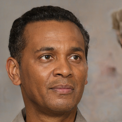 Neutral black adult male with short  brown hair and brown eyes