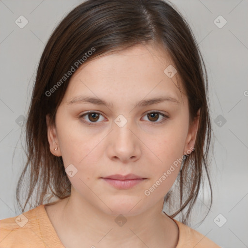 Neutral white young-adult female with medium  brown hair and brown eyes