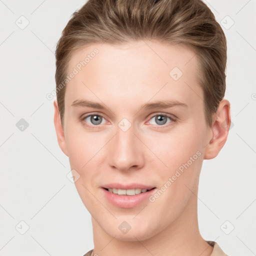 Joyful white young-adult female with short  brown hair and grey eyes