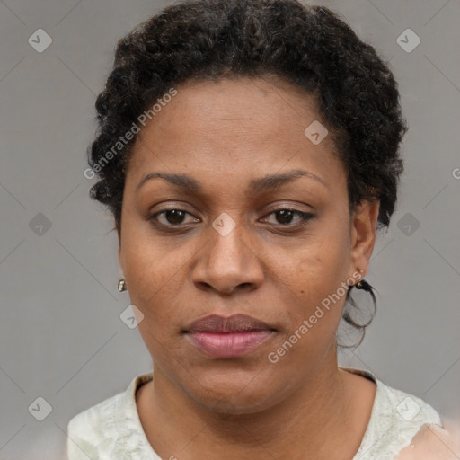 Joyful black adult female with short  brown hair and brown eyes