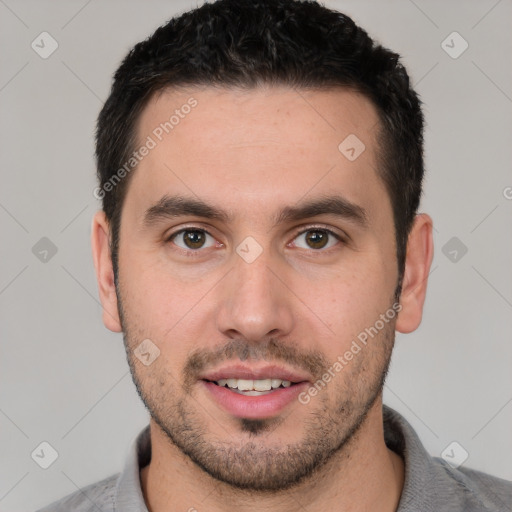 Joyful white young-adult male with short  brown hair and brown eyes